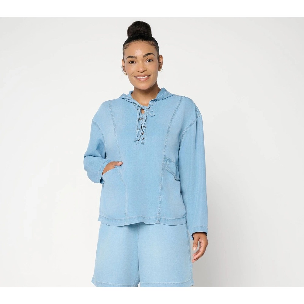 Peace Love World Medium Lace Up Hoodie Blue Light Washed Chambray Denim Lace Up